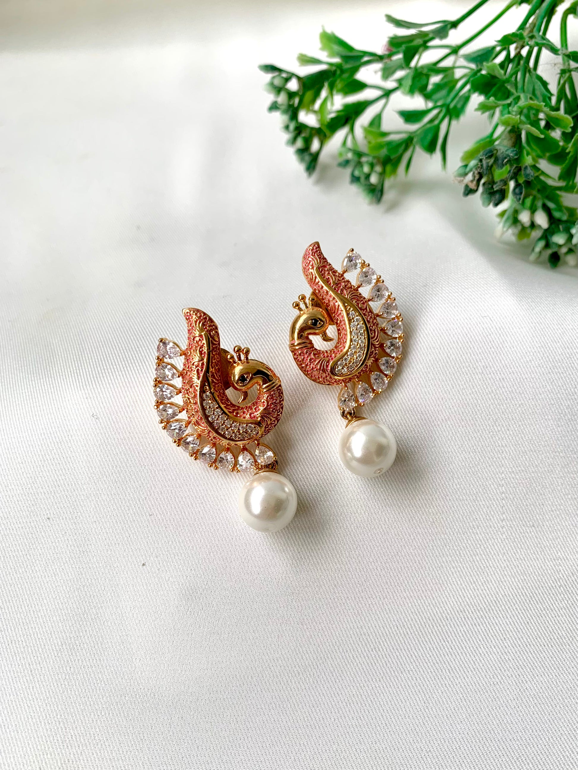 Handcrafted Mehvira Earrings in Pink Meena with Semi-Precious Pearl drop and American Diamonds by Zamal Jewels
