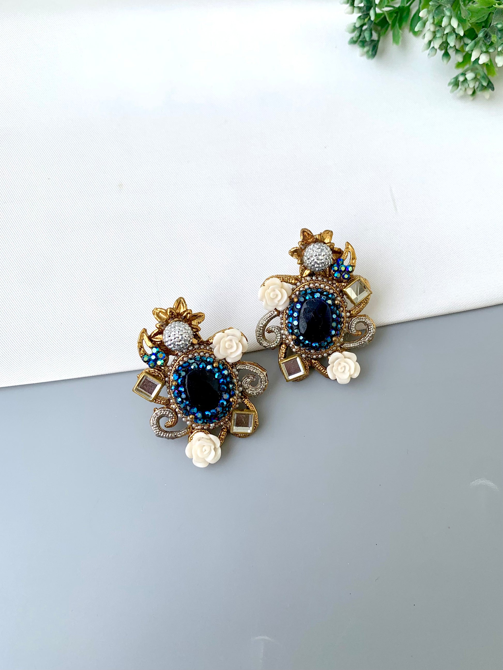 Menaal kundan floral earrings in gold plating with sapphire crystals and acrylic flowers