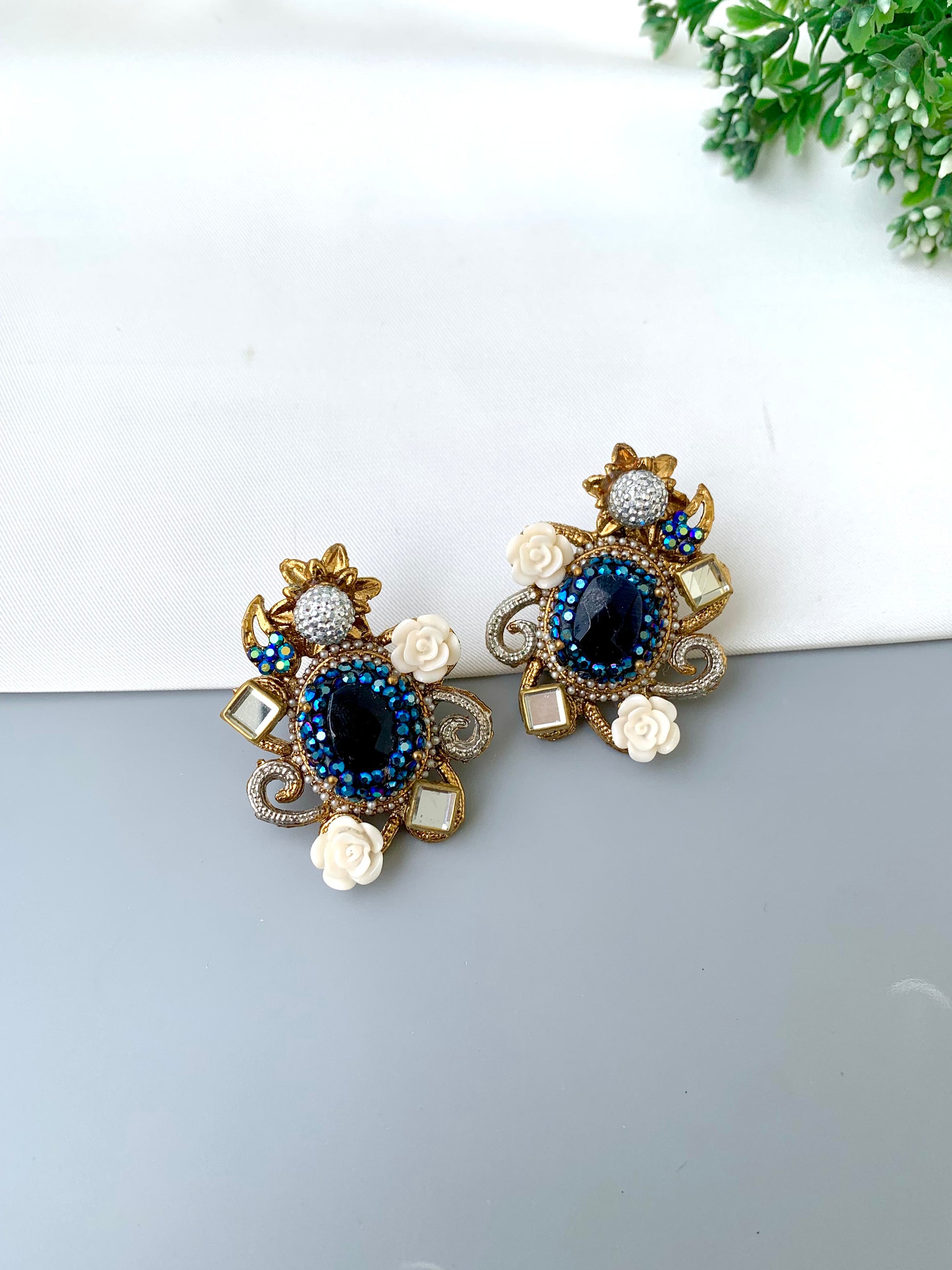 Menaal kundan floral earrings in gold plating with sapphire crystals and acrylic flowers