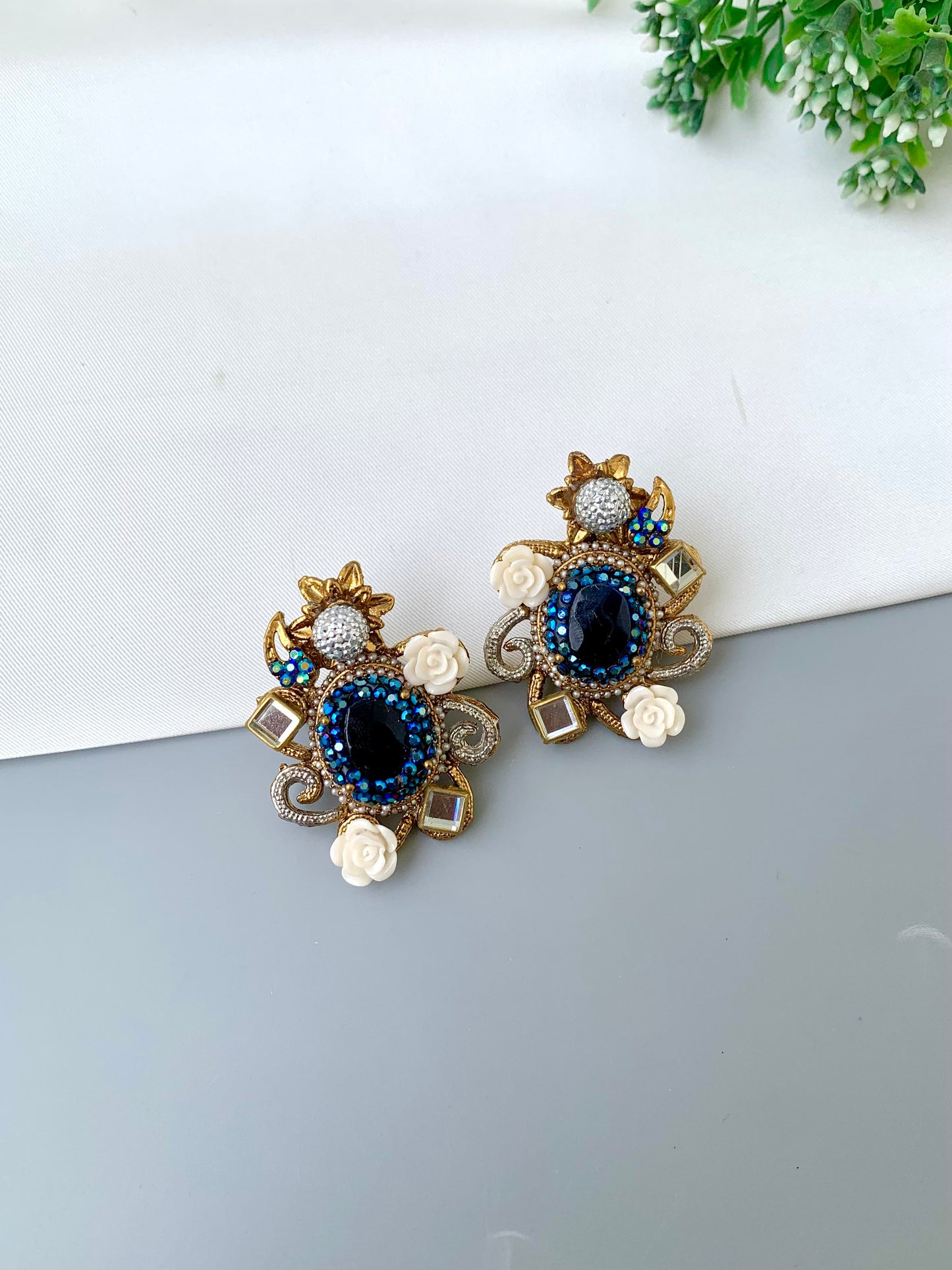 Menaal kundan floral earrings in gold plating with sapphire crystals and acrylic flowers