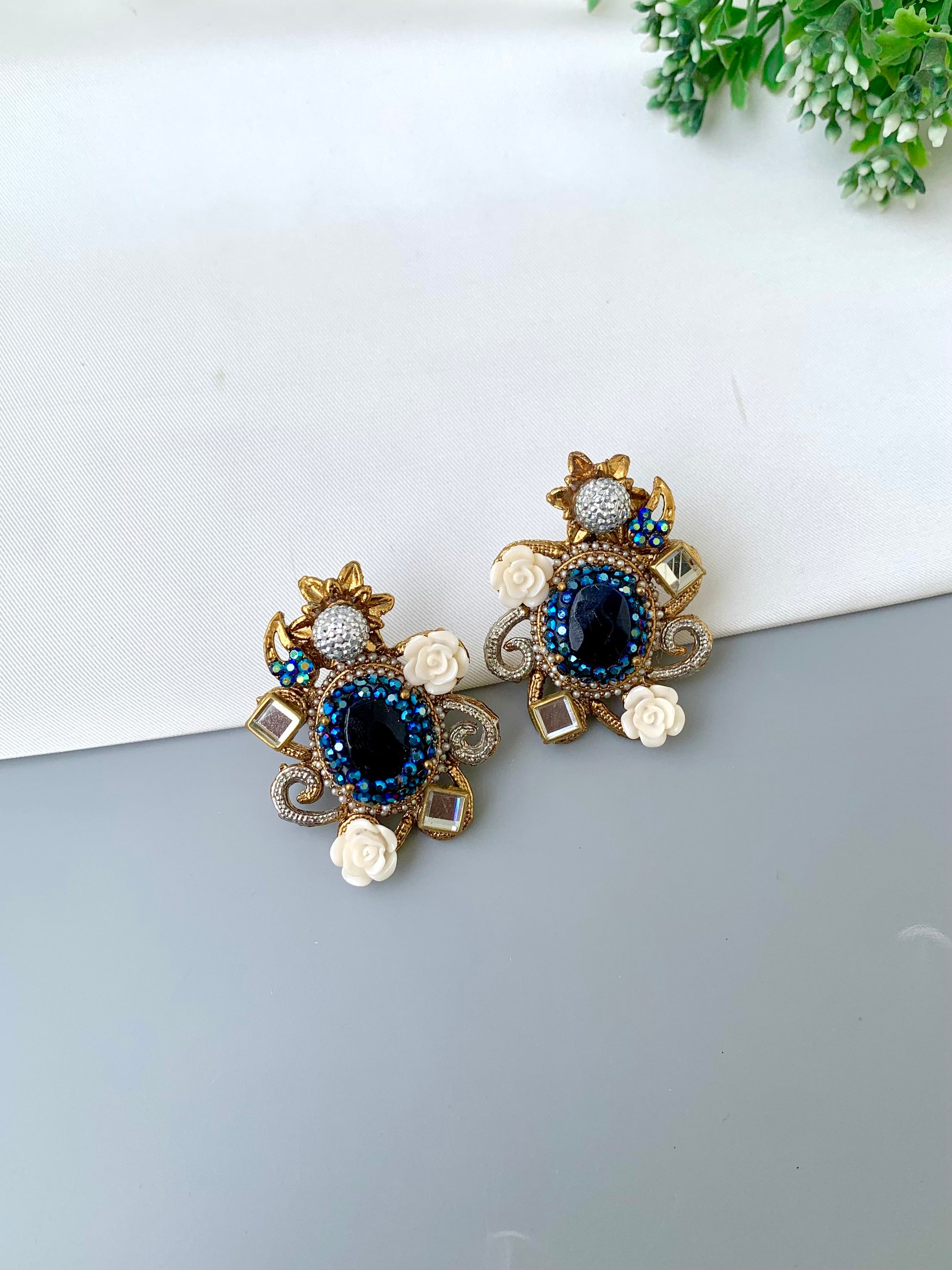 Menaal kundan floral earrings in gold plating with sapphire crystals and acrylic flowers