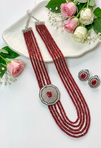 Mirey ruby onyx maala set in rhodium oxidized finish with American diamonds