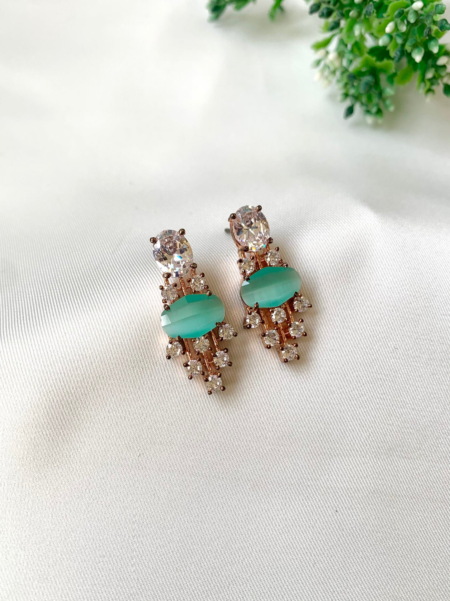 Hand crafted Miri mint earrings in 22kt rose gold plating with American Diamonds and semi-precious onyx