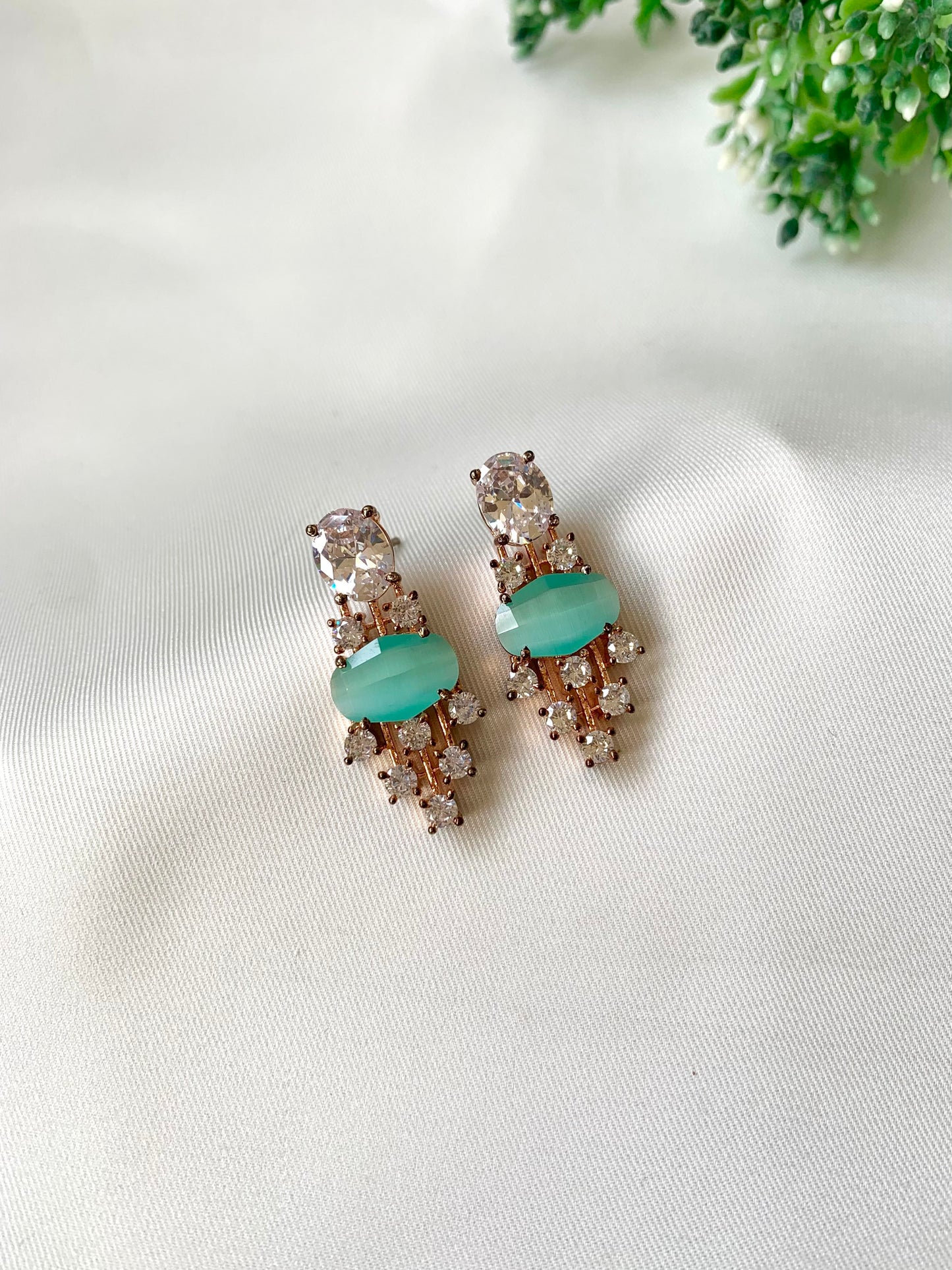 Hand crafted Miri mint earrings in 22kt rose gold plating with American Diamonds and semi-precious onyx