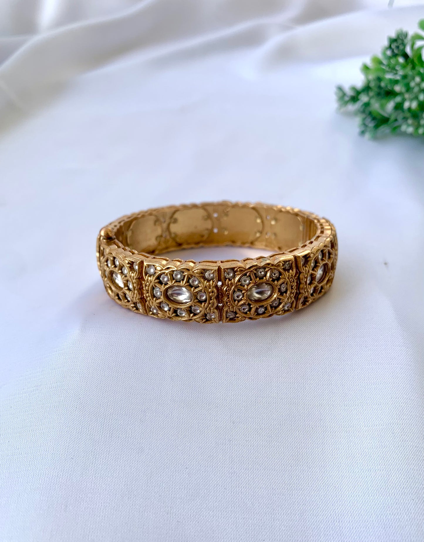 Mishal moissanite kundan bangle in victorian gold plating with openable screw design