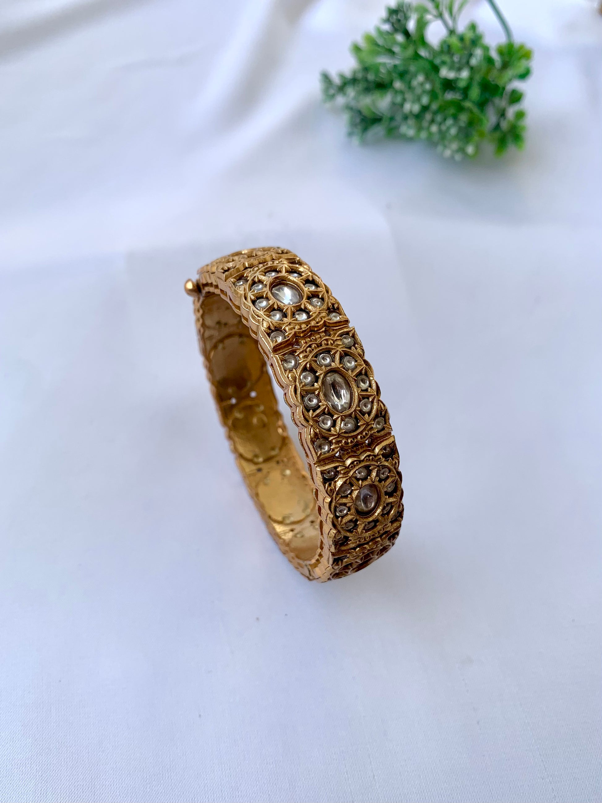 Mishal moissanite kundan bangle in victorian gold plating with openable screw design