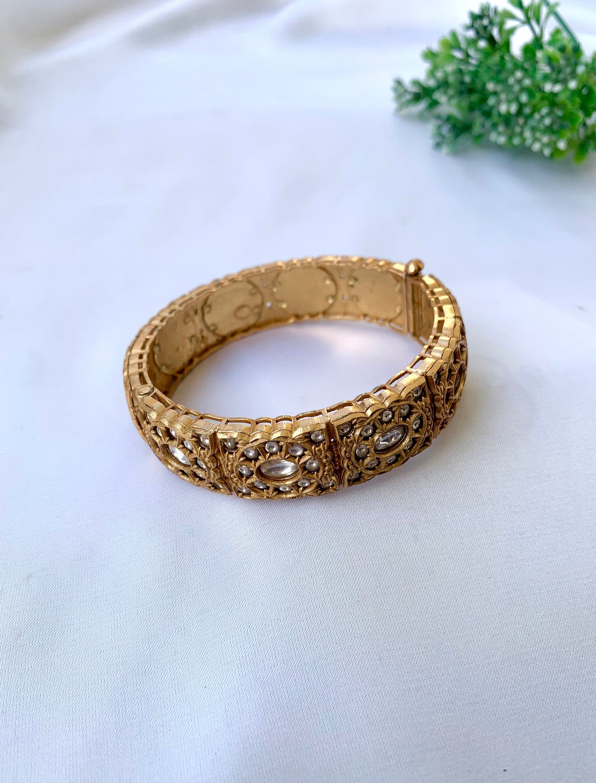 Mishal moissanite kundan bangle in victorian gold plating with openable screw design