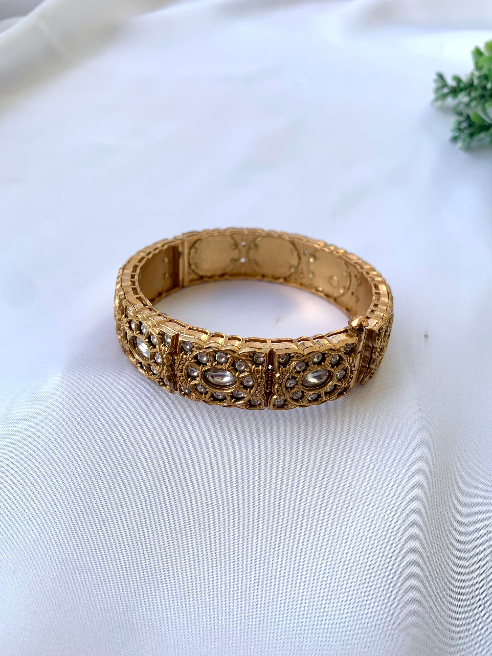 Mishal moissanite kundan bangle in victorian gold plating with openable screw design