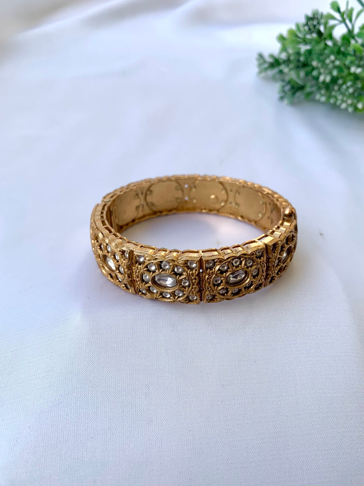 Mishal moissanite kundan bangle in victorian gold plating with openable screw design