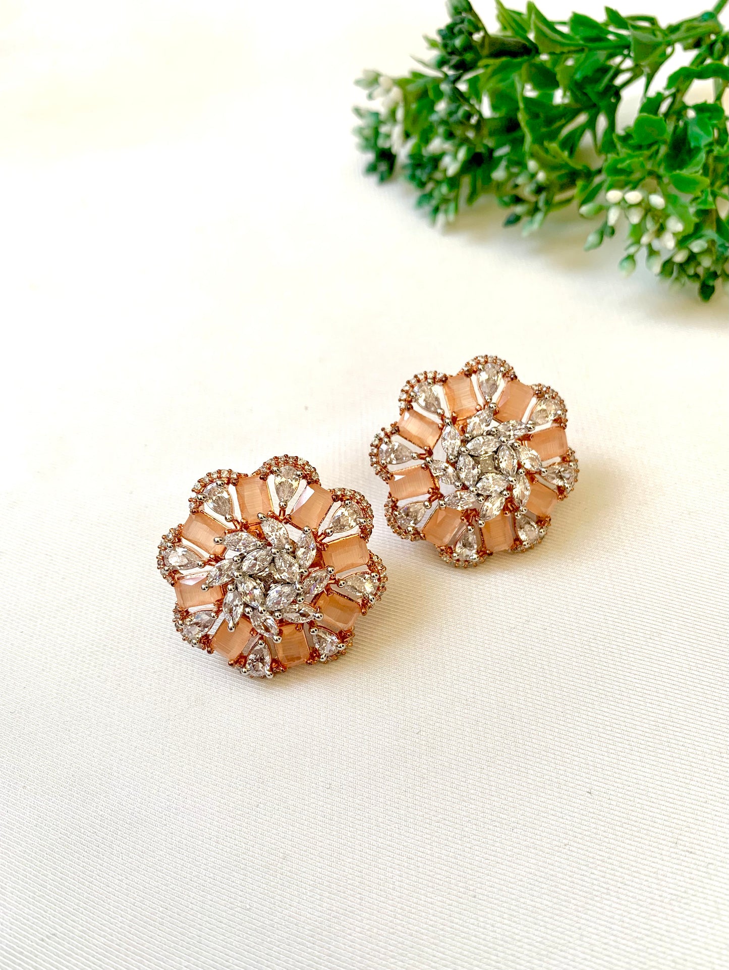 Moa orange onyx designer studs in rose gold plating with american diamonds