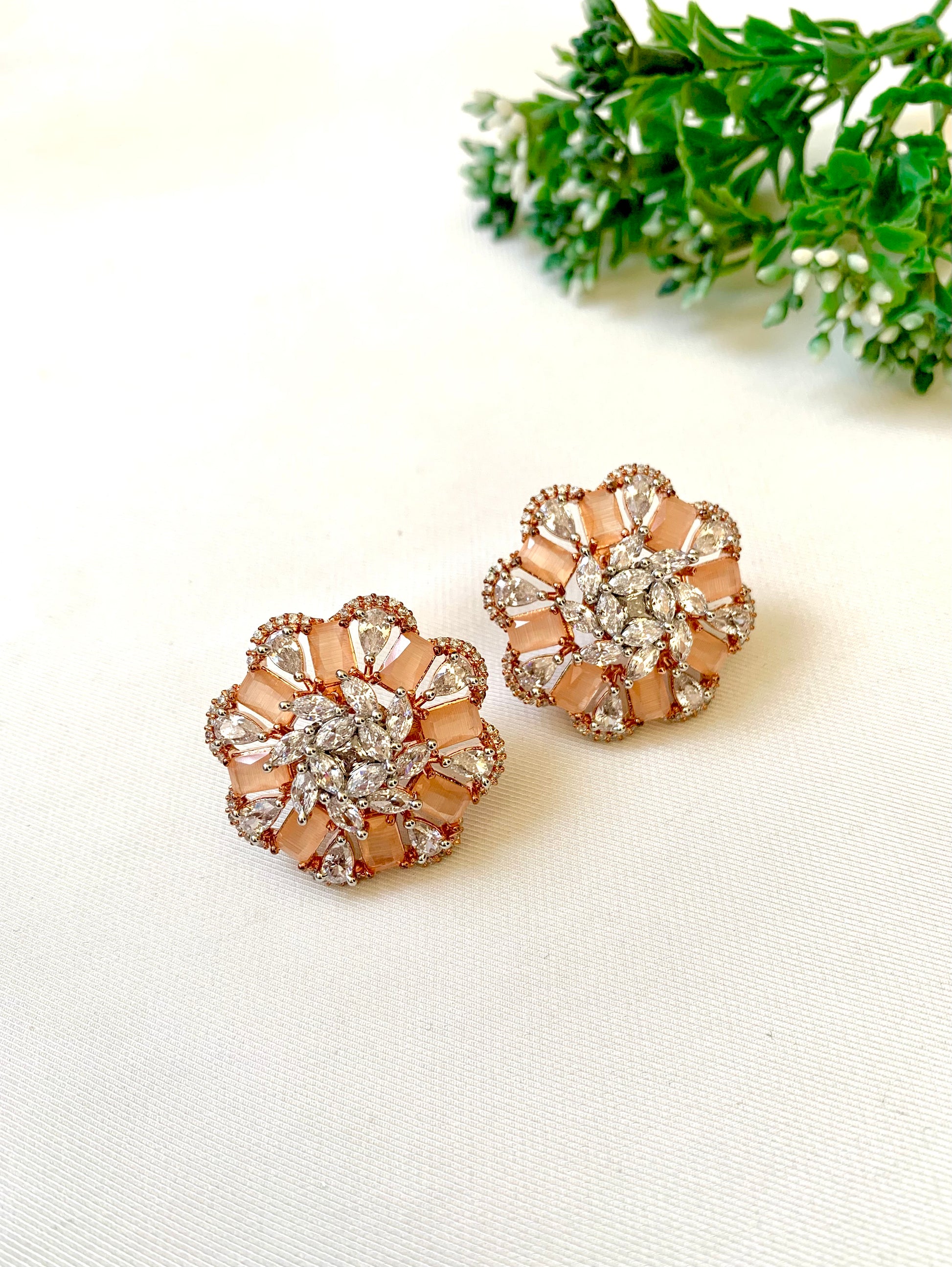Moa orange onyx designer studs in rose gold plating with american diamonds