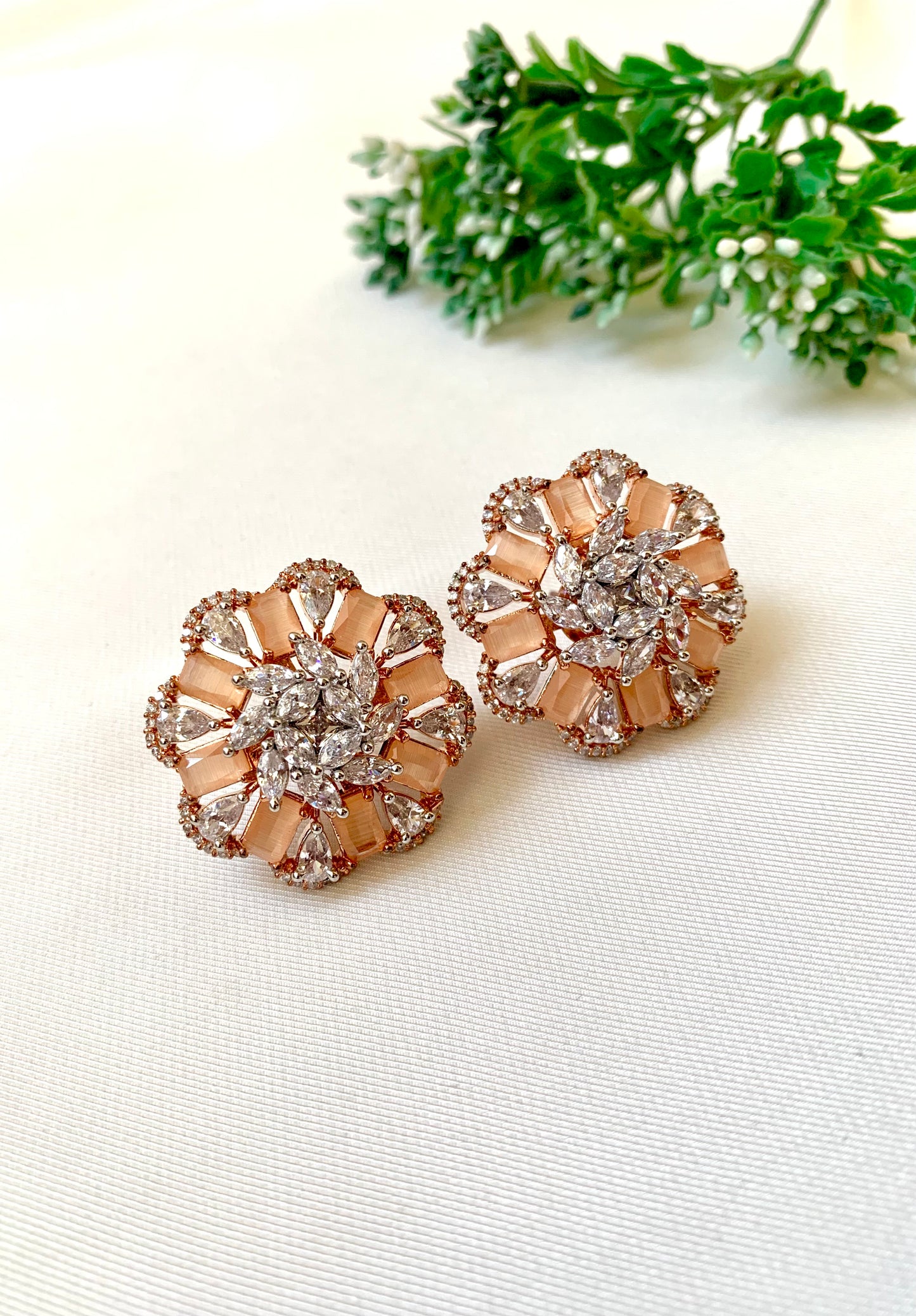 Moa orange onyx designer studs in rose gold plating with american diamonds