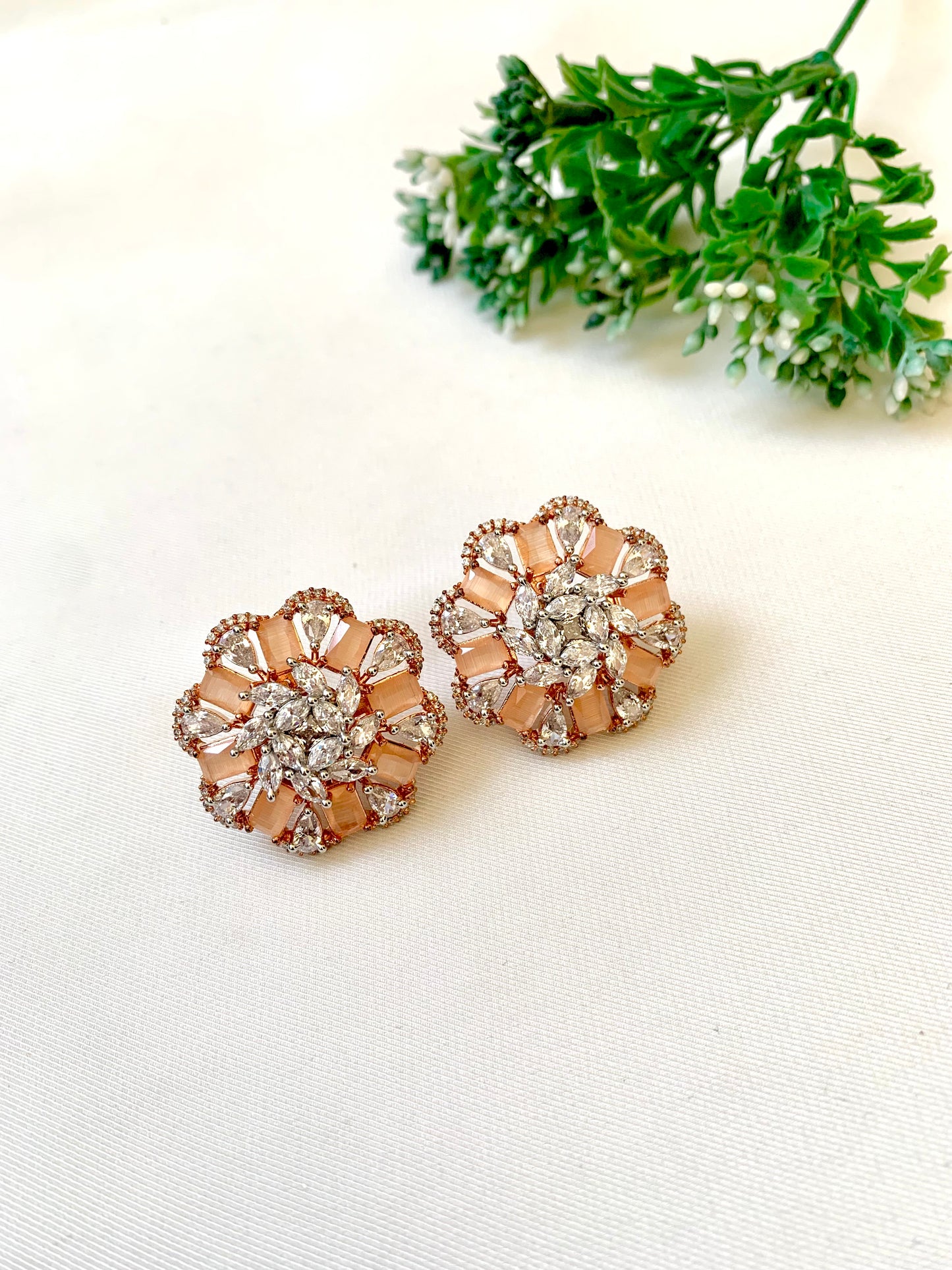 Moa orange onyx designer studs in rose gold plating with american diamonds
