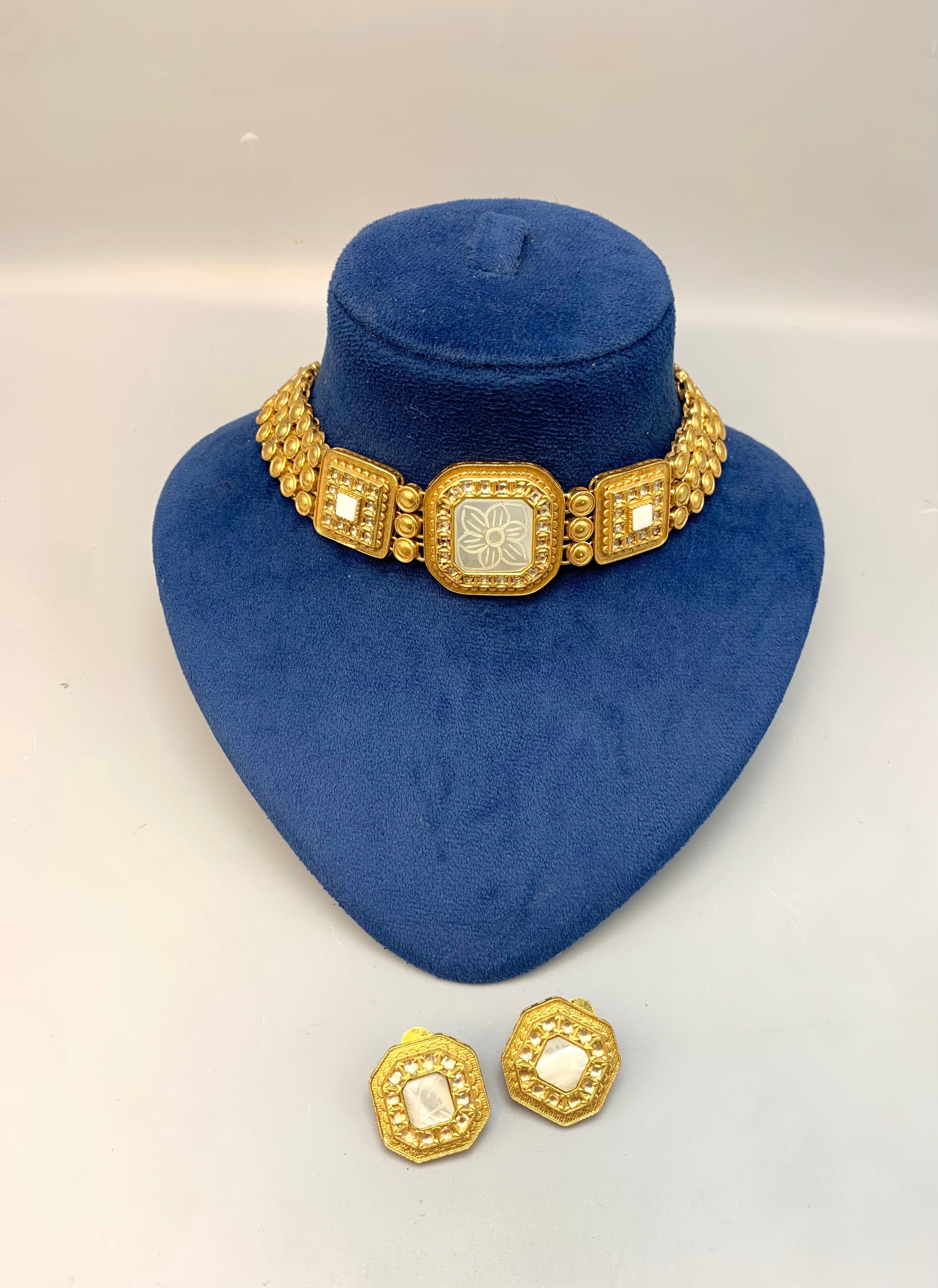 Molly handcrafted 22kt gold plated choker set with Polki Kundan and hand-carved semi-precious Mother of Pearl
