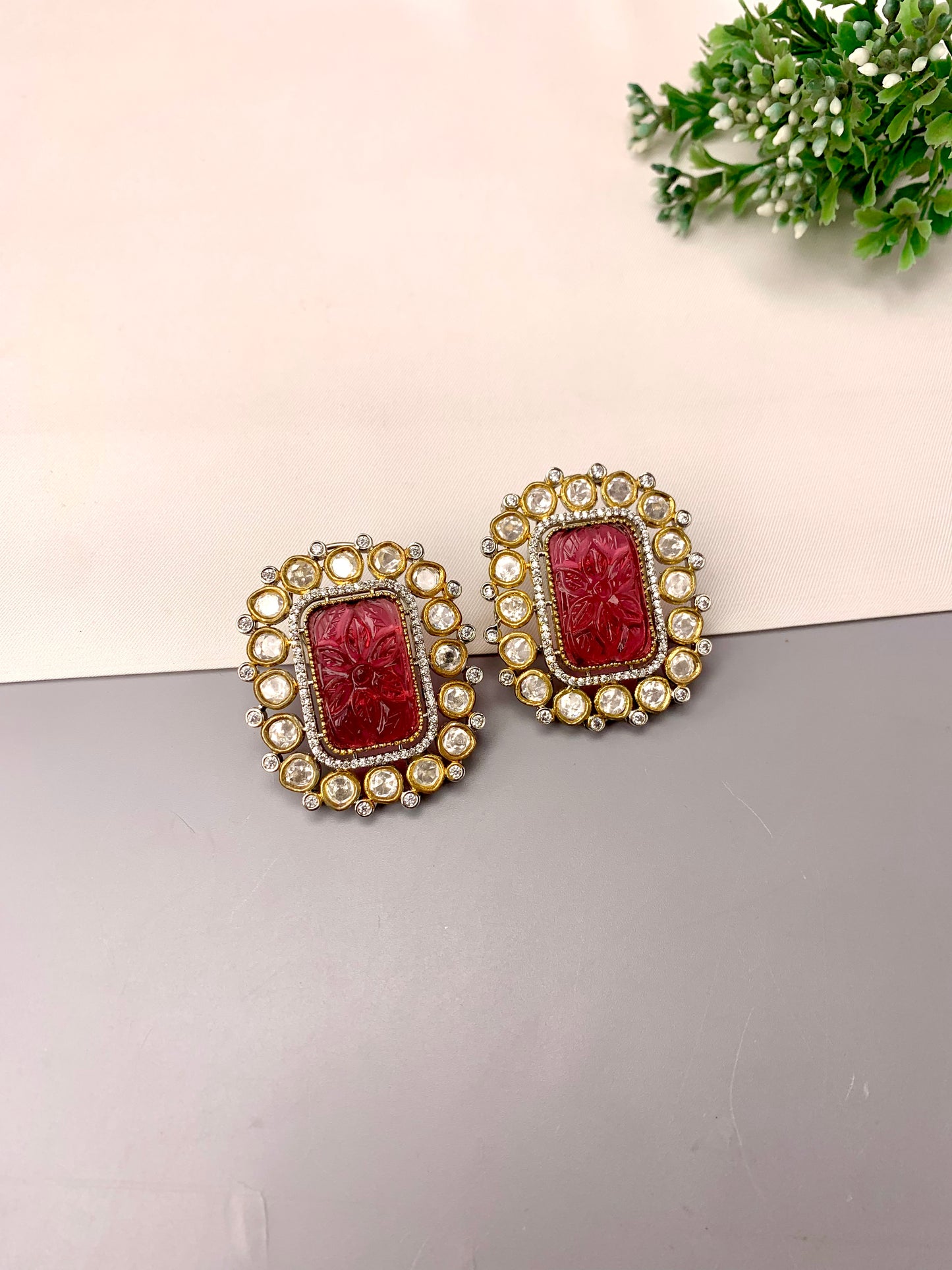 Morpha handcrafted oversized Victorian gold plated studs with American diamonds, Polki Kundan and hand-carved semi-precious ruby stones