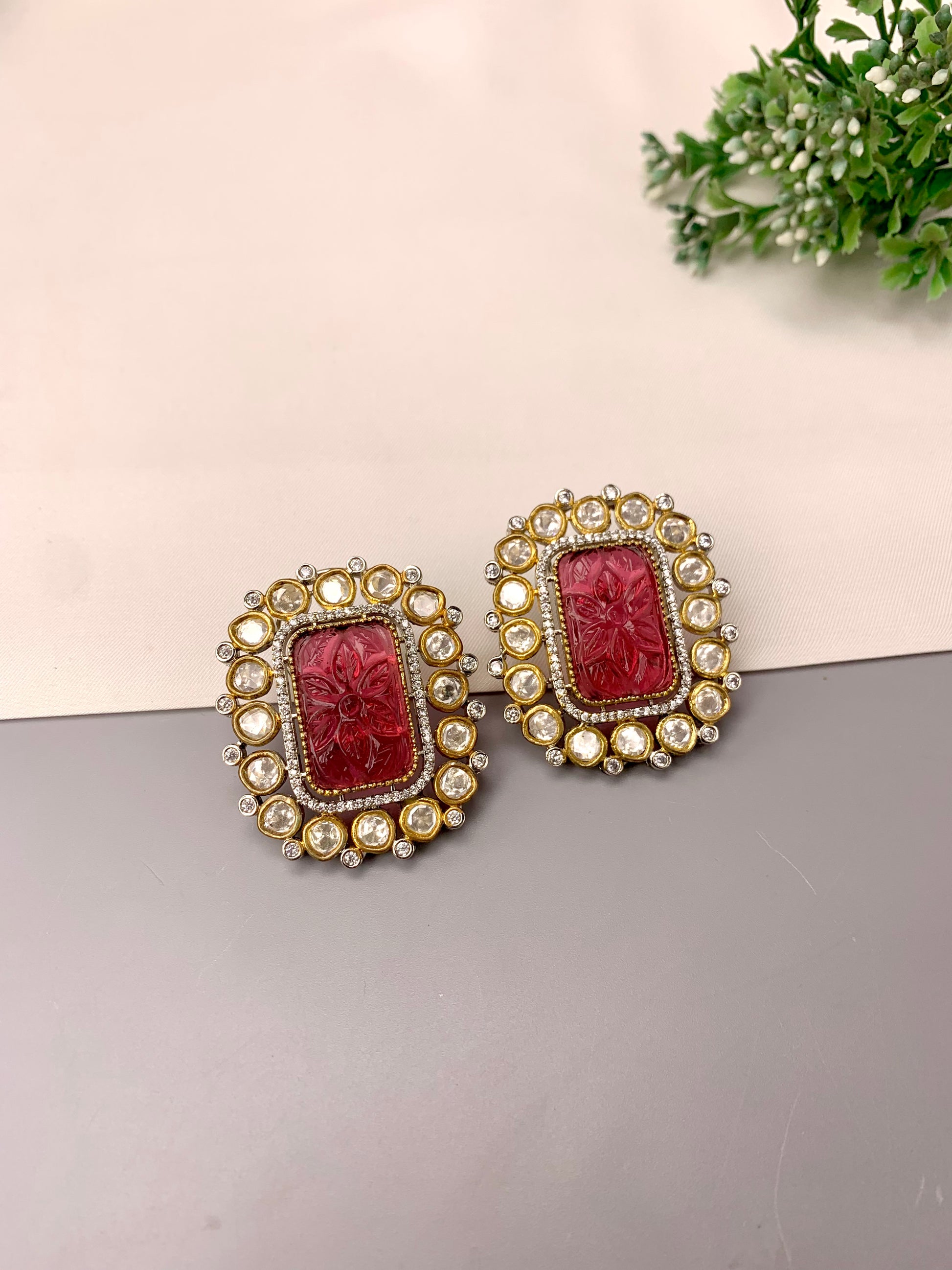 Morpha handcrafted oversized Victorian gold plated studs with American diamonds, Polki Kundan and hand-carved semi-precious ruby stones
