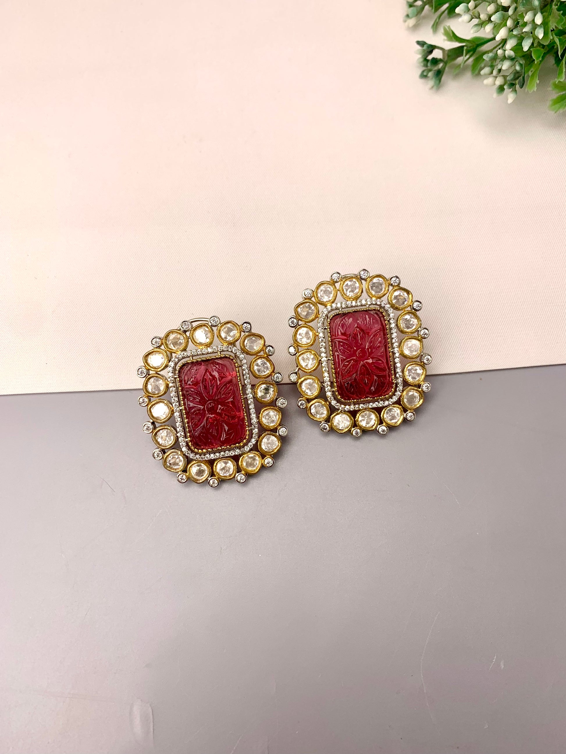 Morpha handcrafted oversized Victorian gold plated studs with American diamonds, Polki Kundan and hand-carved semi-precious ruby stones