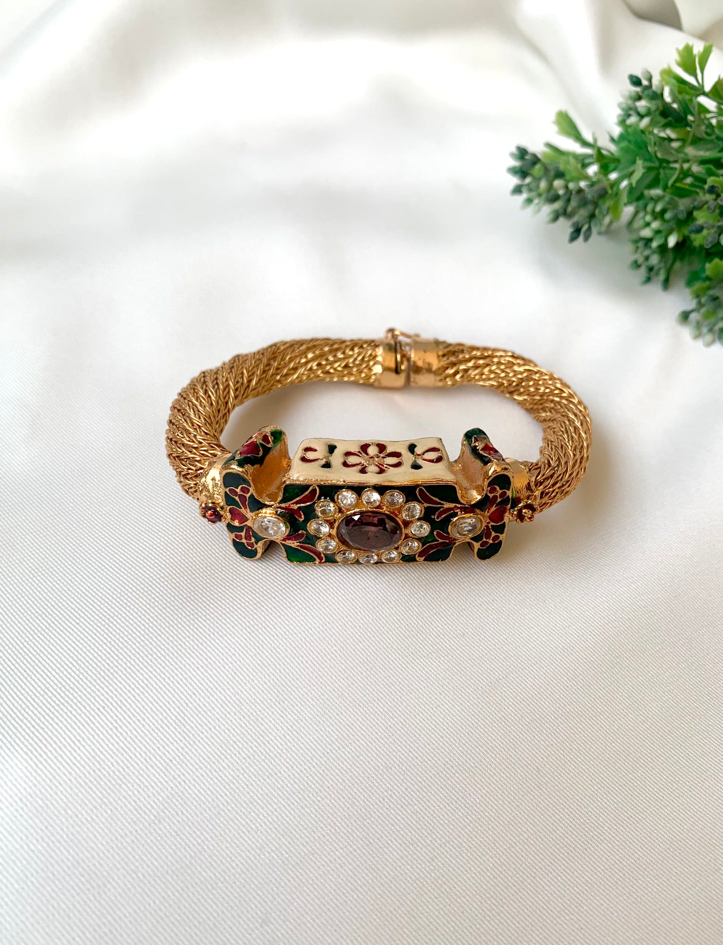 Naghma polki kundan amethyst bangle in 22kt gold plating with hand painted meena