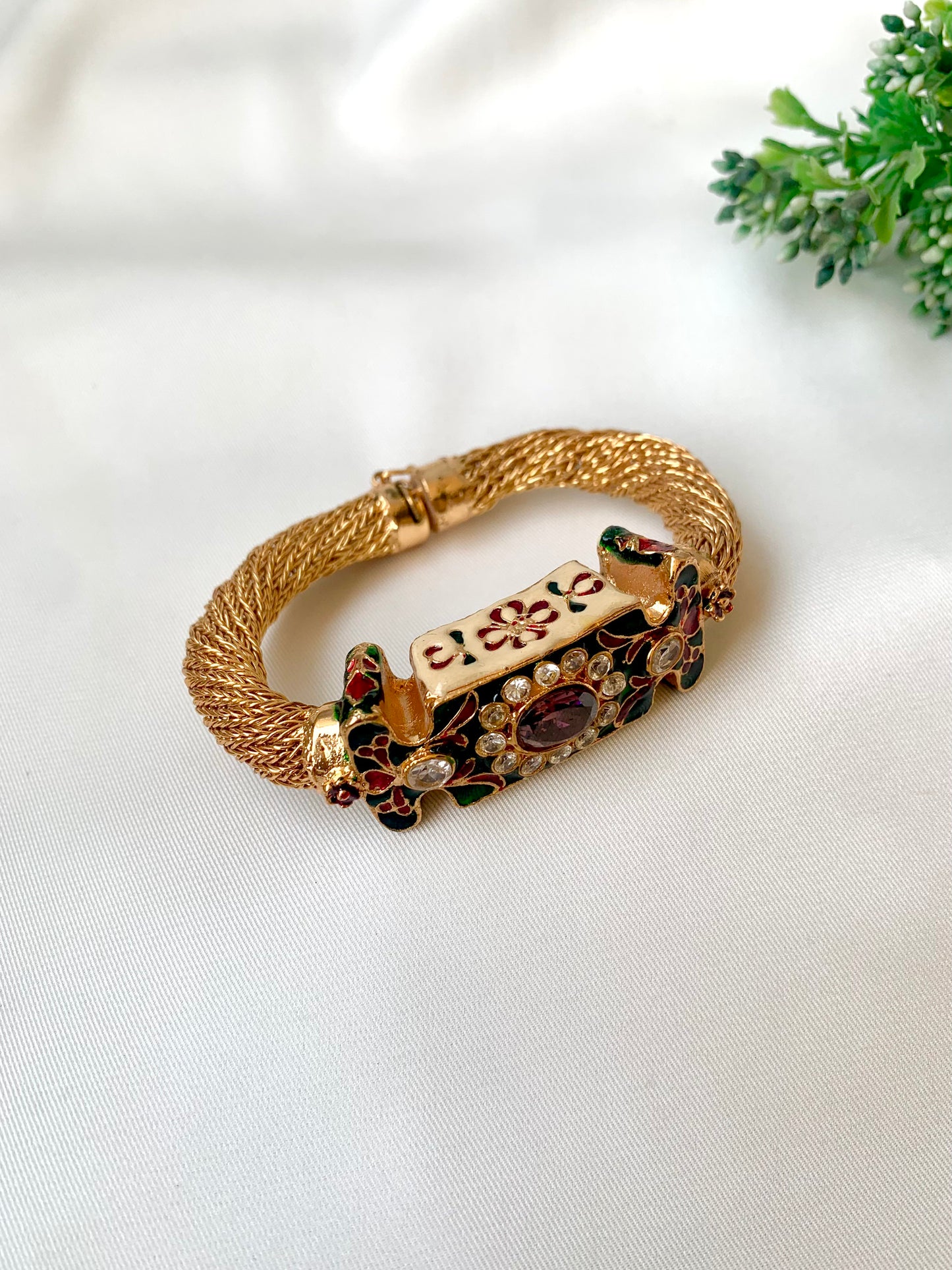 Naghma polki kundan amethyst bangle in 22kt gold plating with hand painted meena