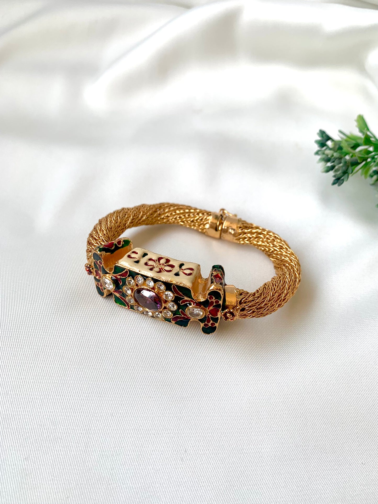 Naghma polki kundan amethyst bangle in 22kt gold plating with hand painted meena