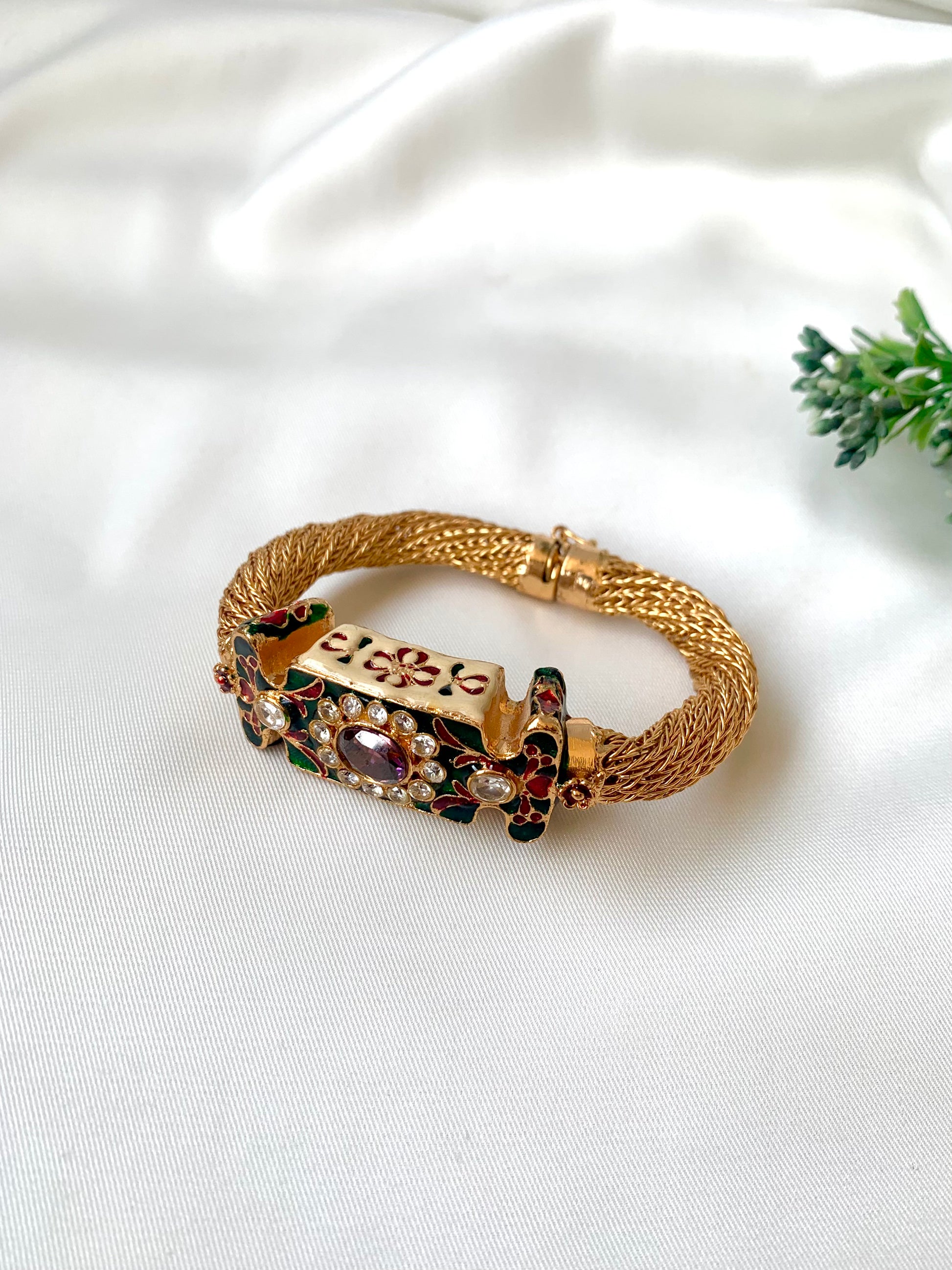 Naghma polki kundan amethyst bangle in 22kt gold plating with hand painted meena