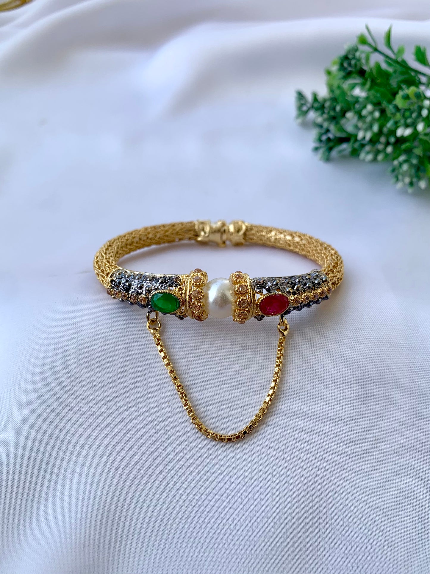 Natasha gold plated openable chain bangle with American diamonds ruby and emerald stones