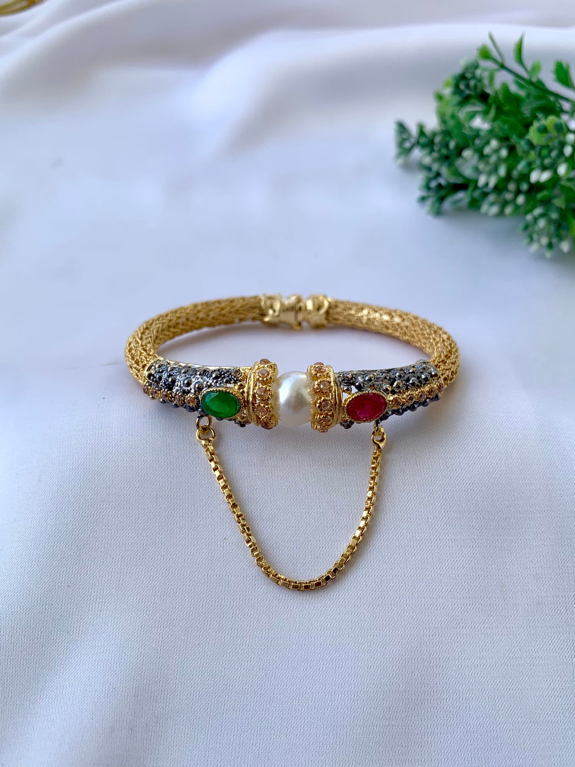 Natasha gold plated openable chain bangle with American diamonds ruby and emerald stones
