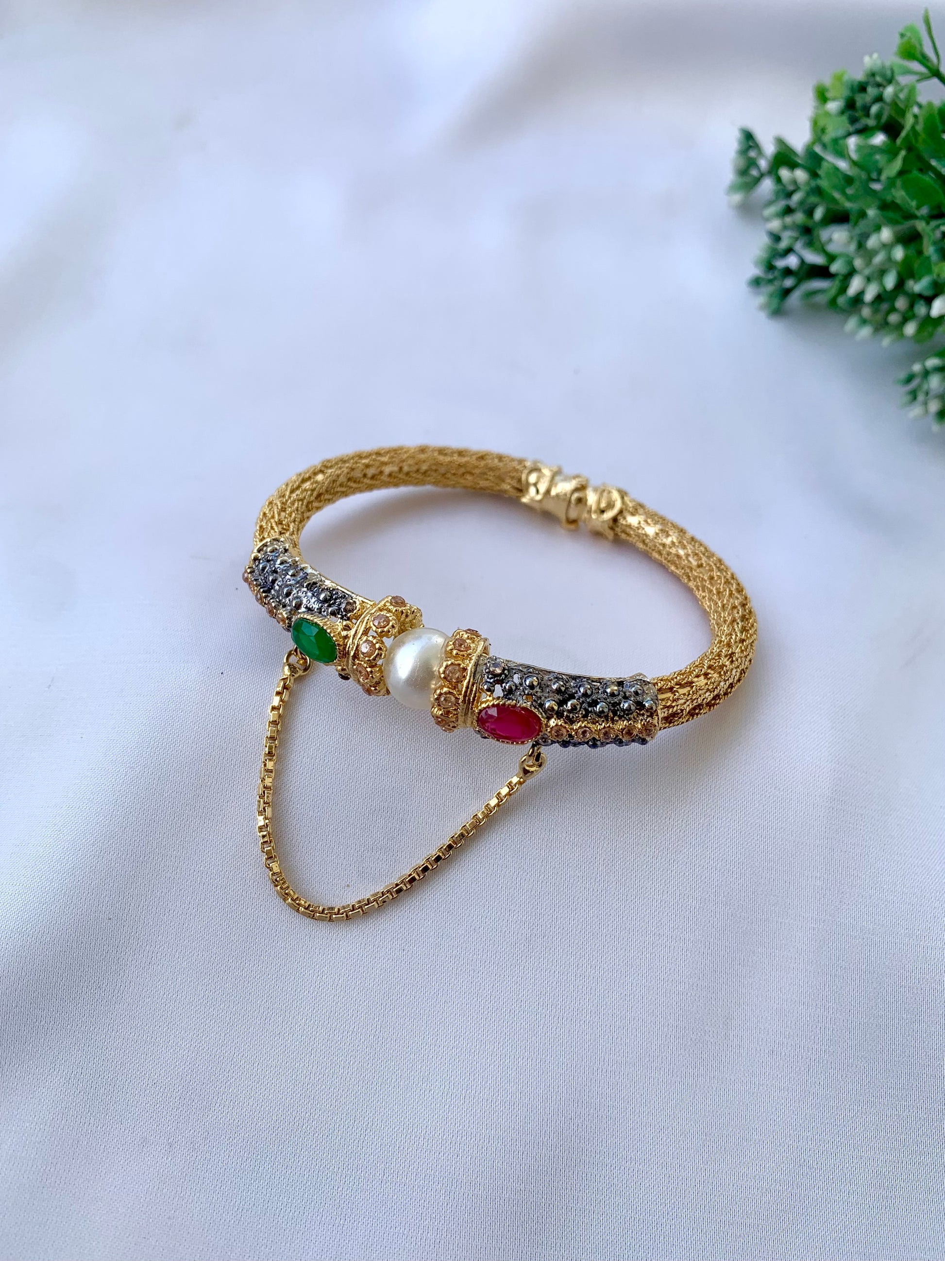 Natasha gold plated openable chain bangle with American diamonds ruby and emerald stones