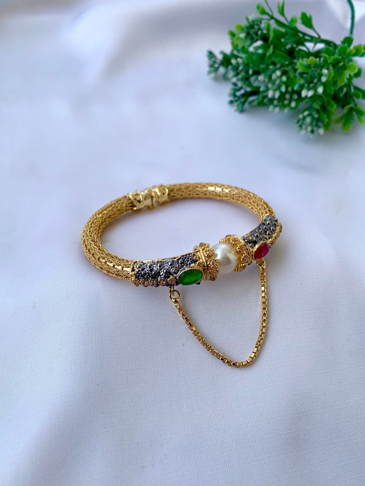 Natasha gold plated openable chain bangle with American diamonds ruby and emerald stones