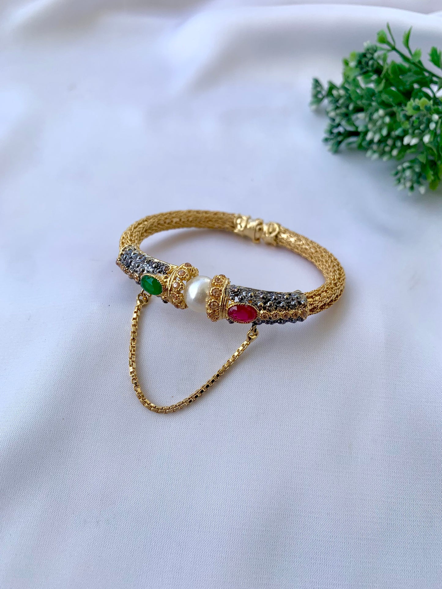 Natasha gold plated openable chain bangle with American diamonds ruby and emerald stones