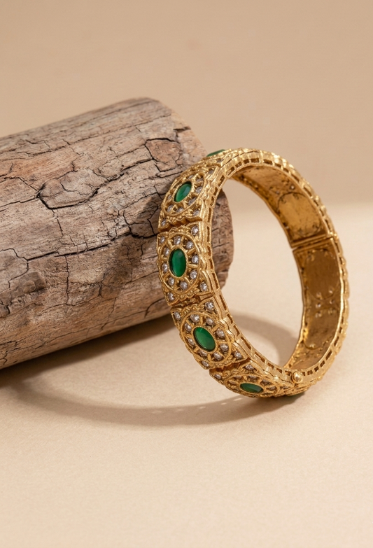 Nazaha emerald moissanite kundan bangle in victorian gold plating with openable screw design