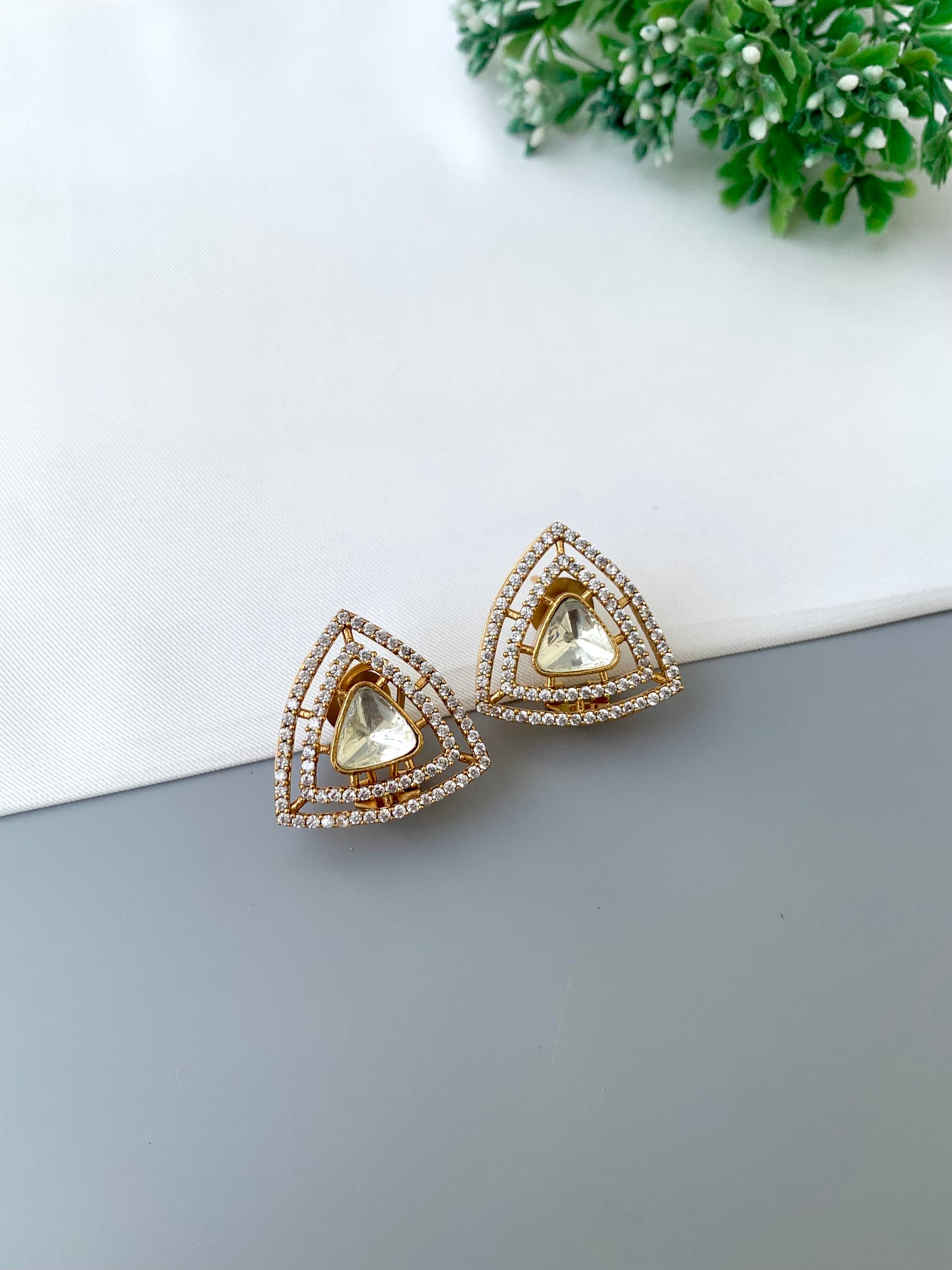 Niham victorian gold plated studs with American diamonds and polki kundan