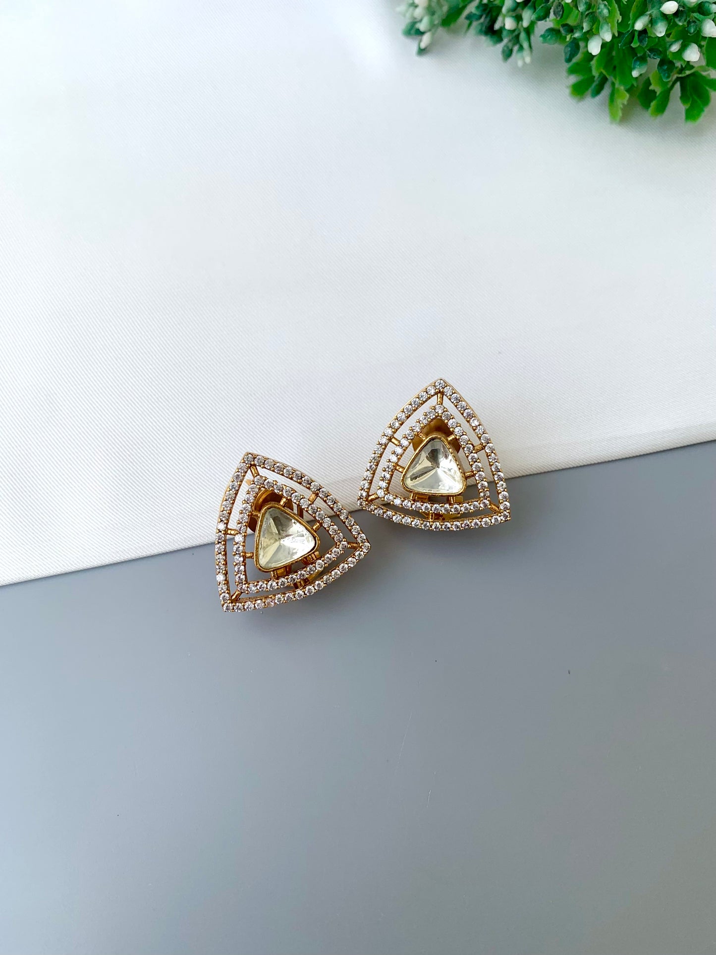 Niham victorian gold plated studs with American diamonds and polki kundan