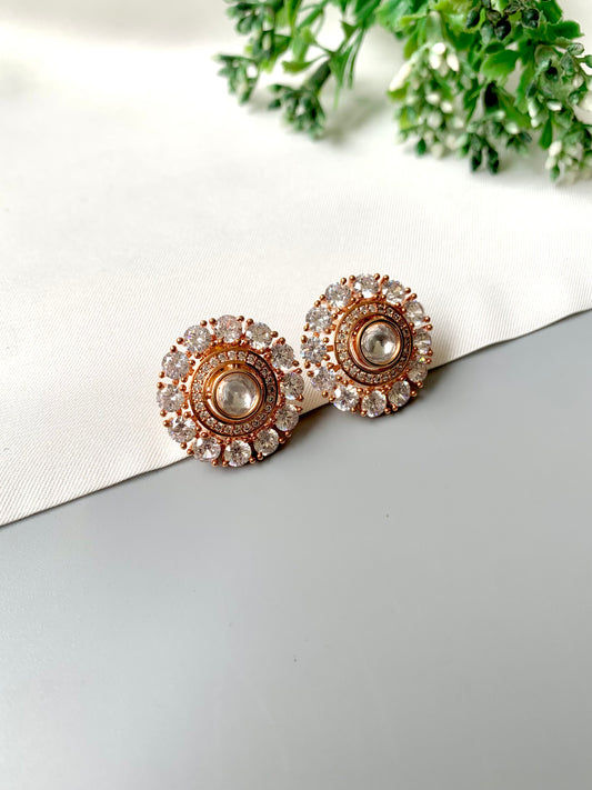 Hand crafted 22kt Rose Gold plated round Noor-e-Safed Studs featuring Polki Kundan centre and American Diamonds by Zamal Jewels