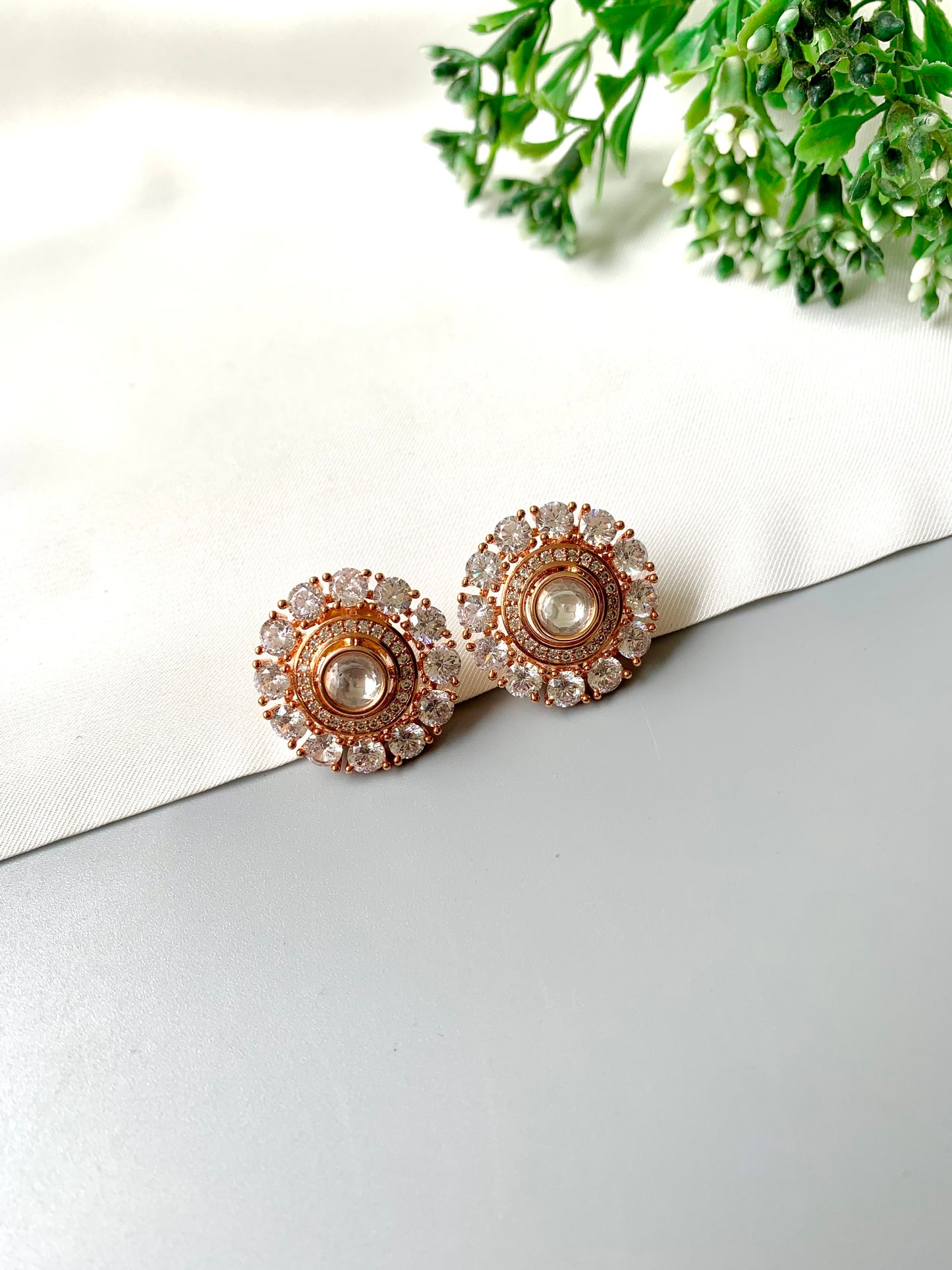 Hand crafted 22kt Rose Gold plated round Noor-e-Safed Studs featuring Polki Kundan centre and American Diamonds by Zamal Jewels