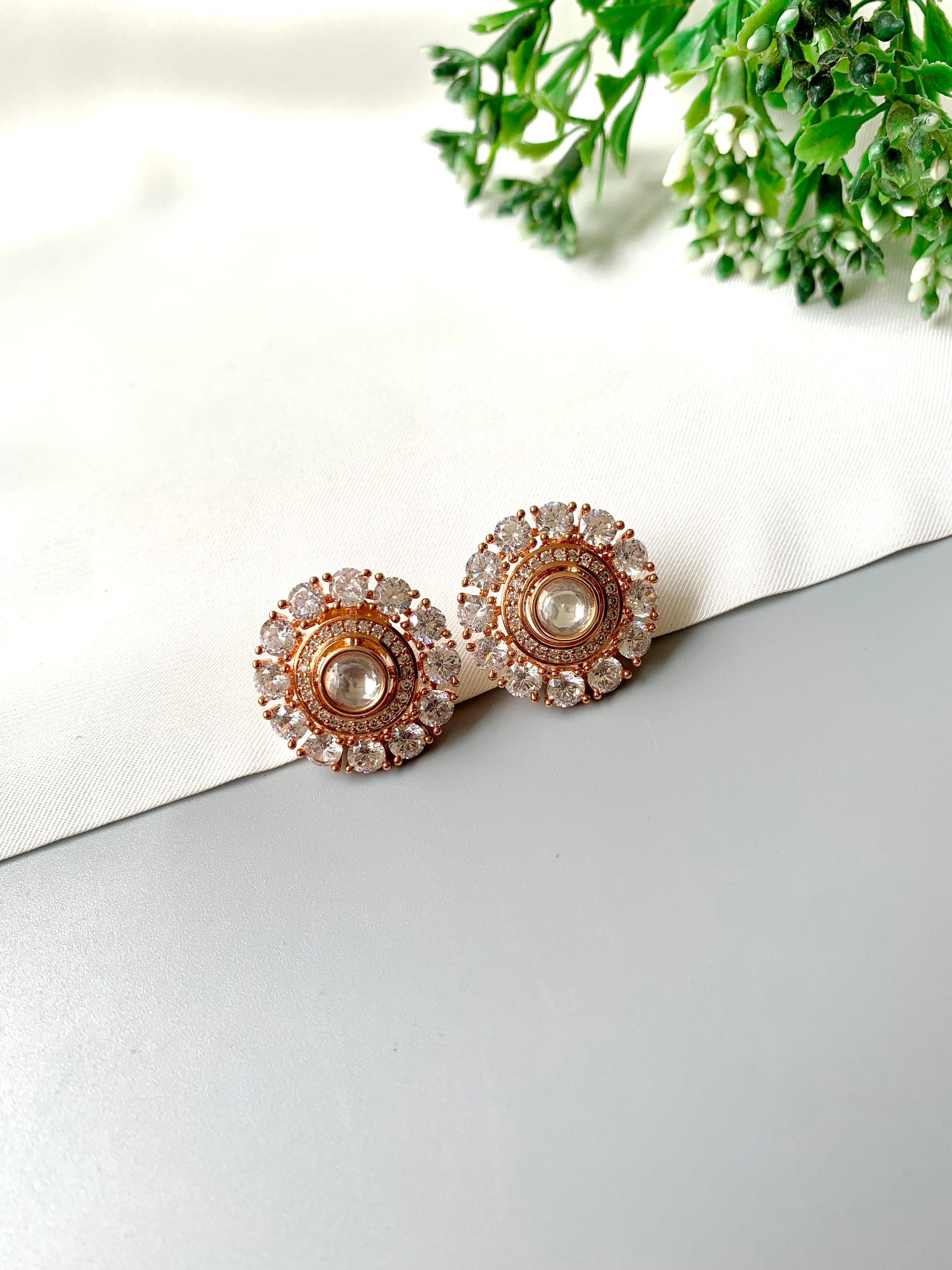 Hand crafted 22kt Rose Gold plated round Noor-e-Safed Studs featuring Polki Kundan centre and American Diamonds by Zamal Jewels