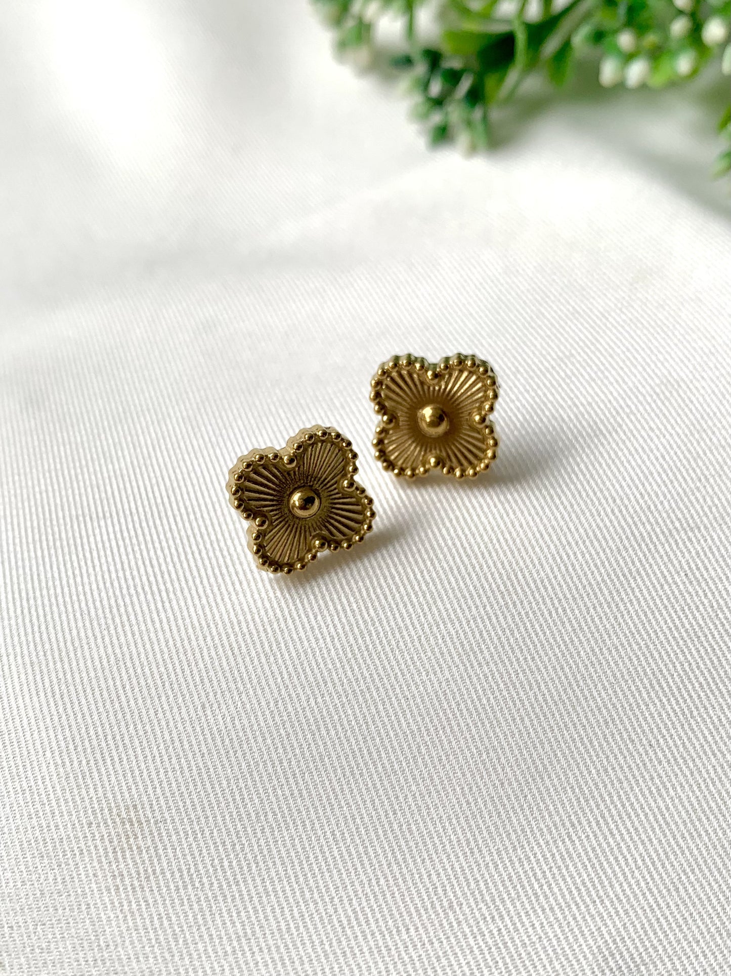 Noor Studs – handcrafted gold floral earrings front view