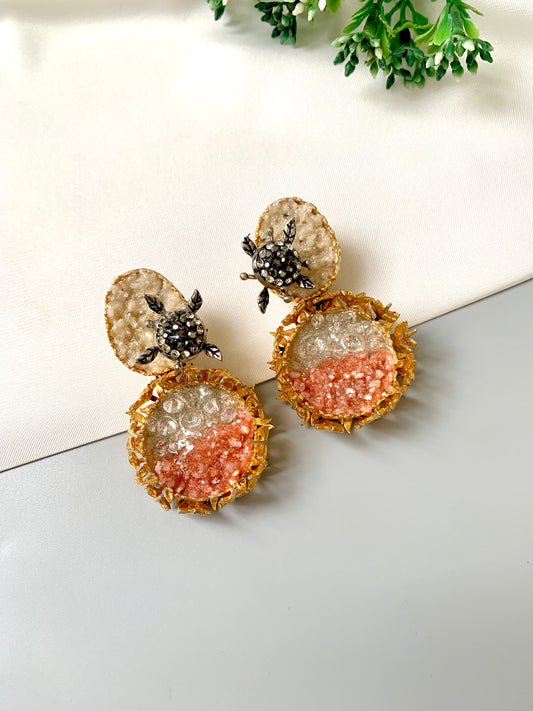 22kt Gold plated drusy statement earrings with marcasite turtle motifs and peach crystal gradient by Zamal Jewels
