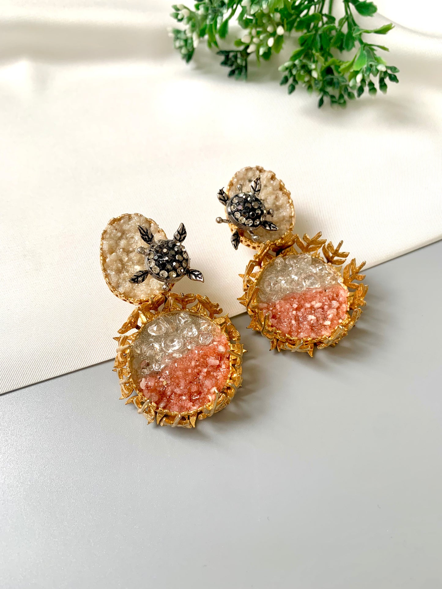 22kt Gold plated drusy statement earrings with marcasite turtle motifs and peach crystal gradient by Zamal Jewels