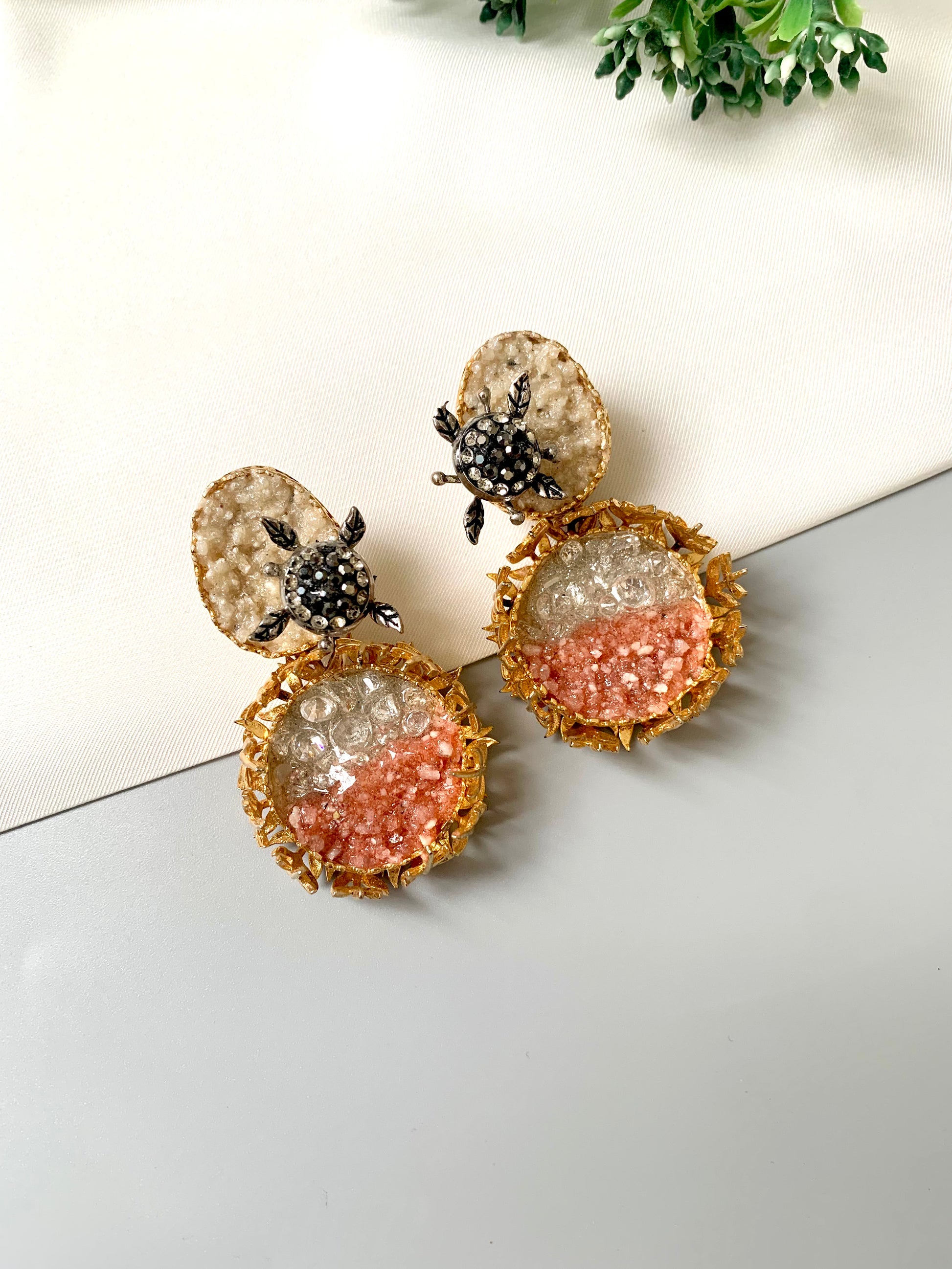 22kt Gold plated drusy statement earrings with marcasite turtle motifs and peach crystal gradient by Zamal Jewels