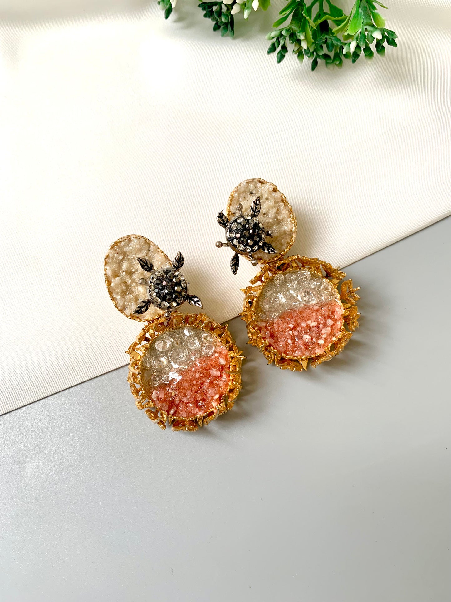 22kt Gold plated drusy statement earrings with marcasite turtle motifs and peach crystal gradient by Zamal Jewels
