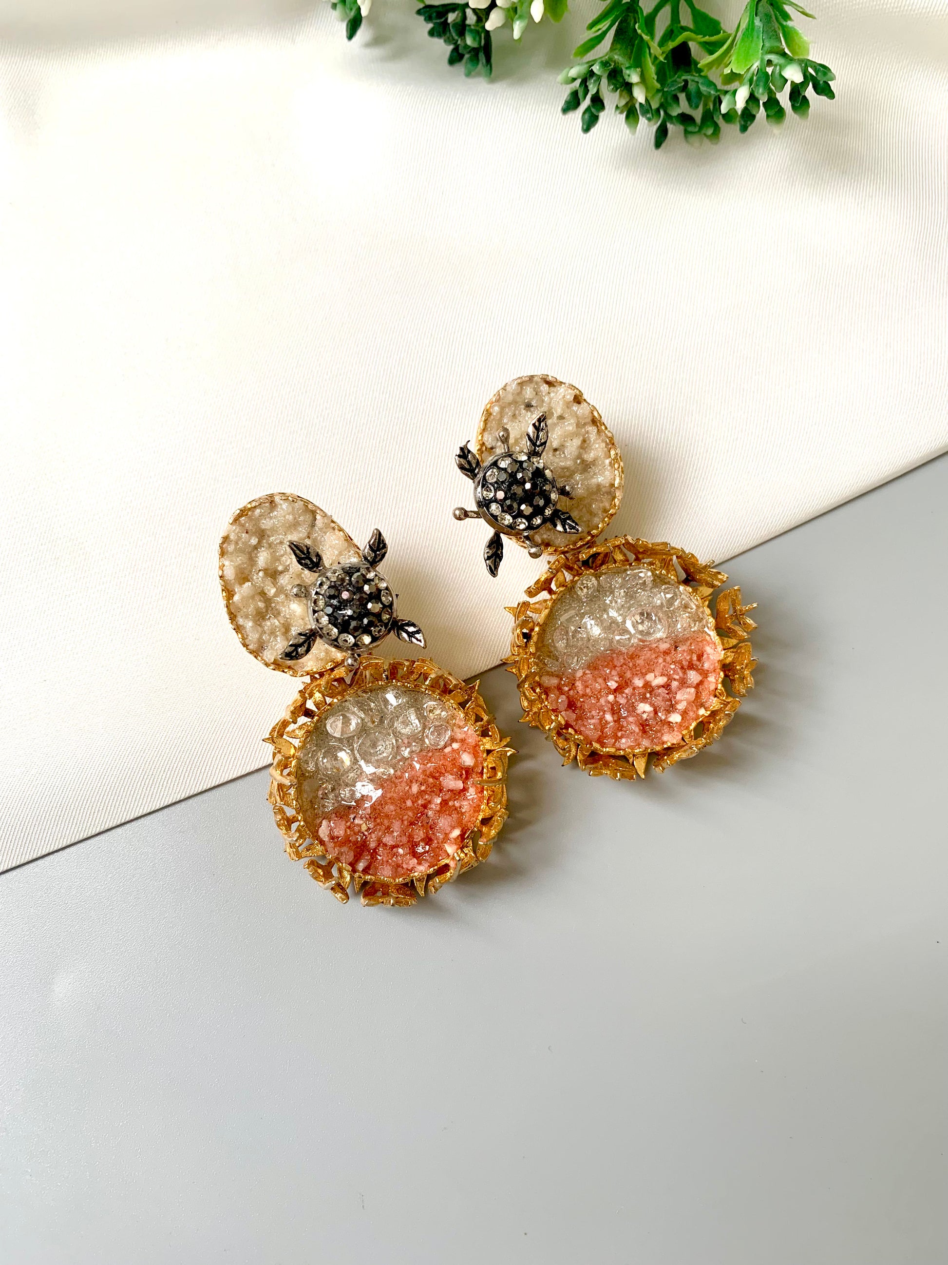 22kt Gold plated drusy statement earrings with marcasite turtle motifs and peach crystal gradient by Zamal Jewels