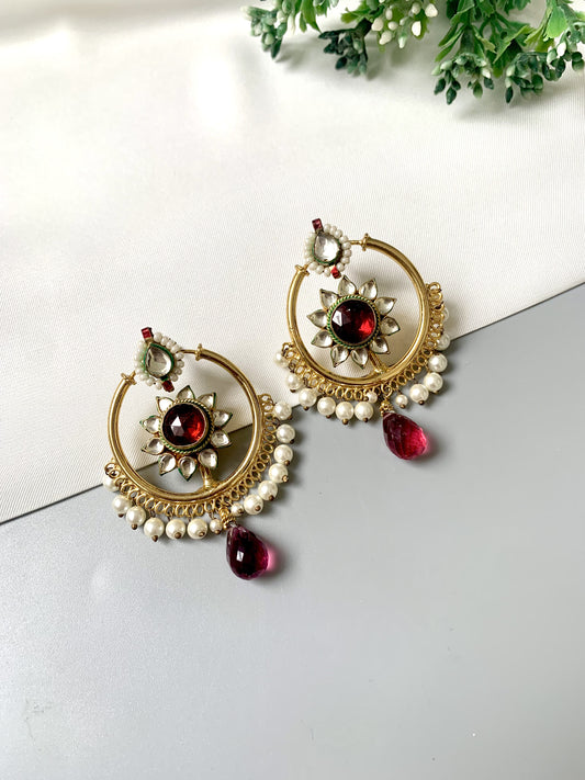 Handcrafted 22kt Gold Plated Noorani Baali Earrings with Semi-Precious Garnet, Pachi Kundan, and Pearl fringe from Zamal Jewels.