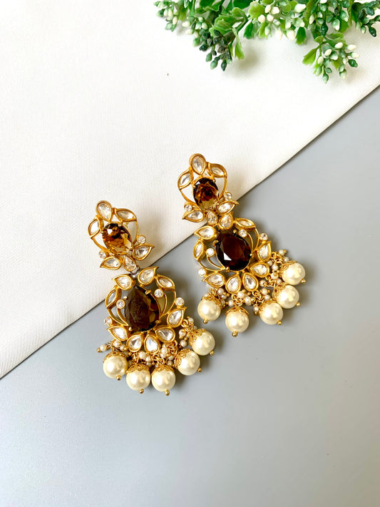 Nour Danglers with smoky quartz center, Polki Kundan detailing and pearl drops in 22kt gold plating