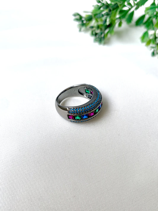 Nyra Noir handcrafted ring in oxidized rhodium polish with semi-precious ruby, emerald, and sapphire stones from Zamal Jewels