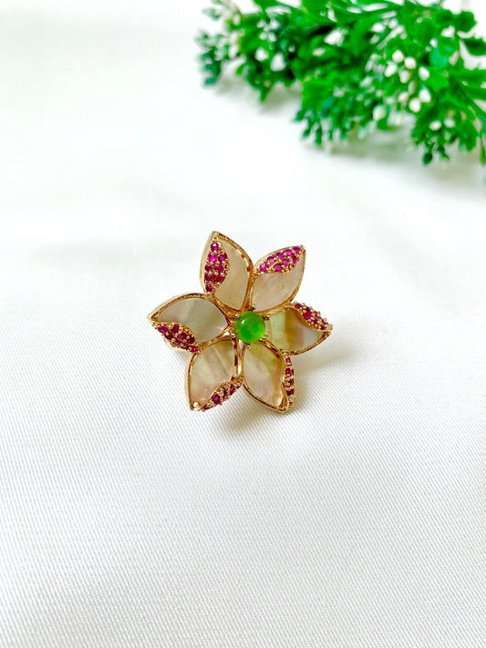 Olivia Ring handcrafted adjustable floral ring with real Mother of Pearl and Semi-Precious Ruby in 22kt rose gold plating – top view