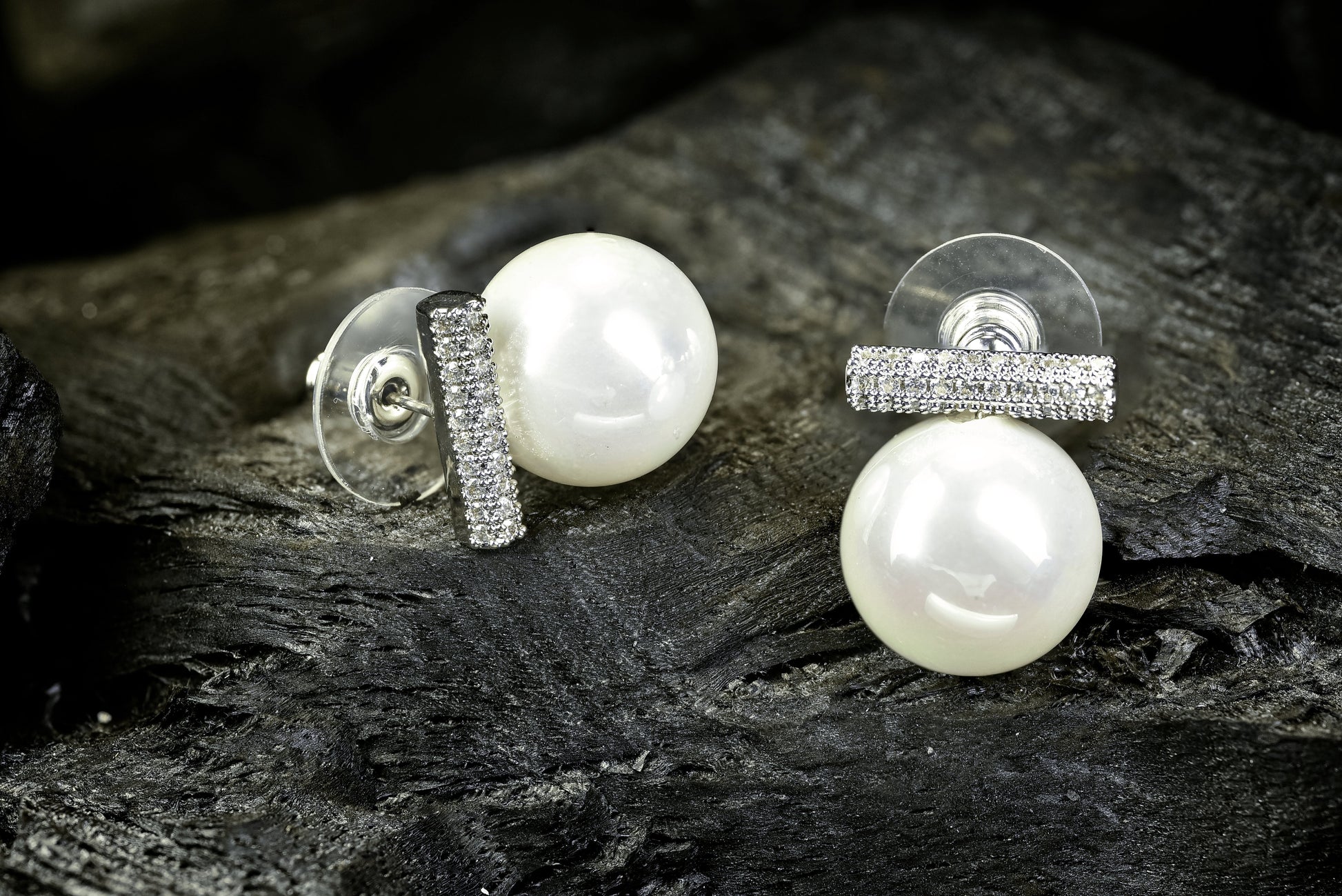 Pearla Studs in Rhodium Finish with Pearl and American Diamond Bar – Zamal Jewels