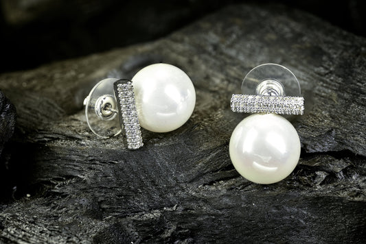 Pearla Studs in Rhodium Finish with Pearl and American Diamond Bar – Zamal Jewels