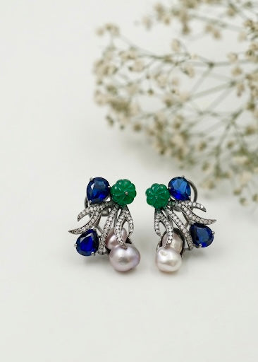 Petra sapphire baroque pearl studs in rhodium oxidized finish with melon beads and American diamonds