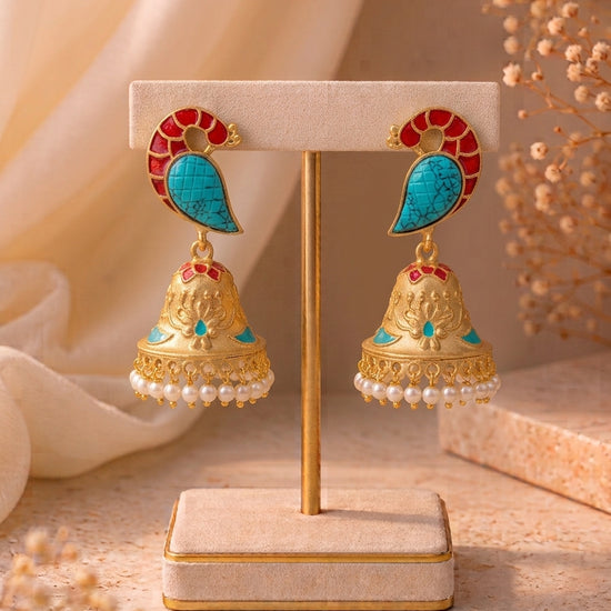 Aaira handcrafted 22kt antique Gold Feroza Jhumki with Pearls and hand-painted Meena